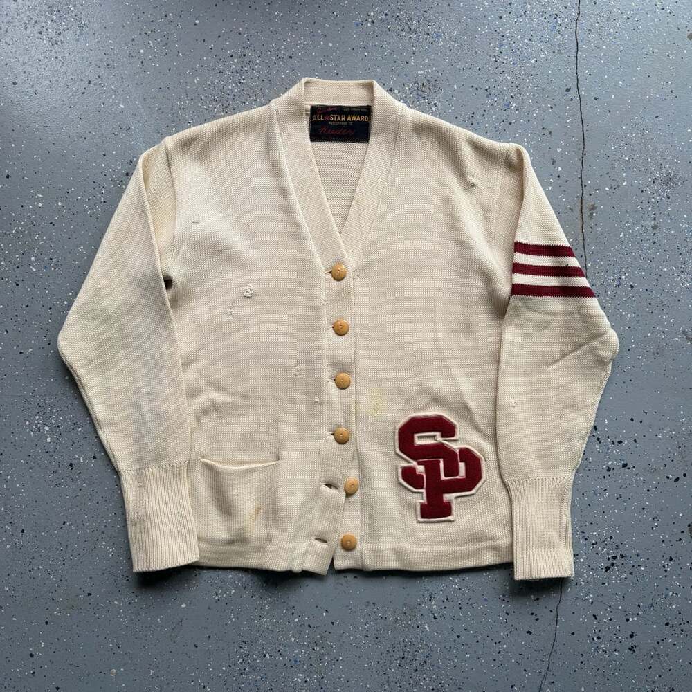 Vintage 1950s Jonesknit All Star Award Reeder Wool Varsity Cardigan Sweater
